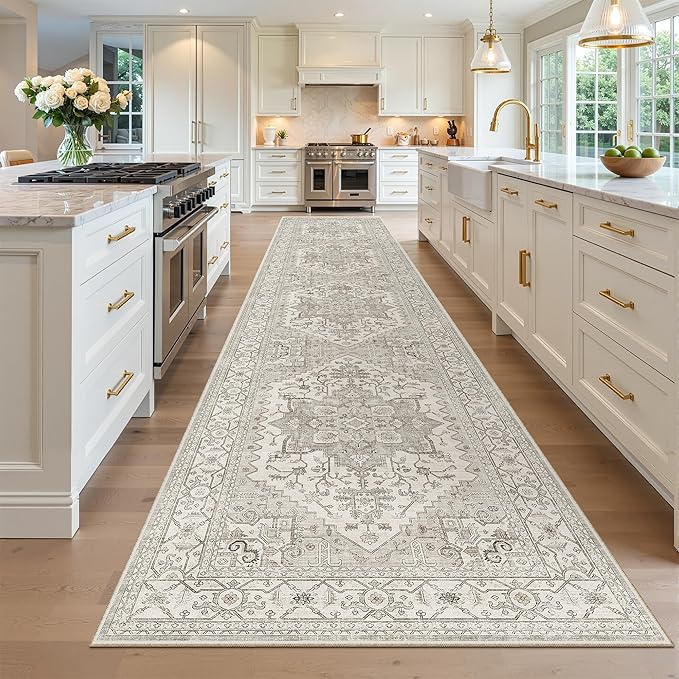 Madane Hallway Runner Rug 3x16 - Vintage Non Slip Washable 16ft Kitchen Runner for Entrance Soft Long Carpet Runners for Living Room Bathroom Low Pile Floor Mat for Bedroom Dining Room, Beige/Brown