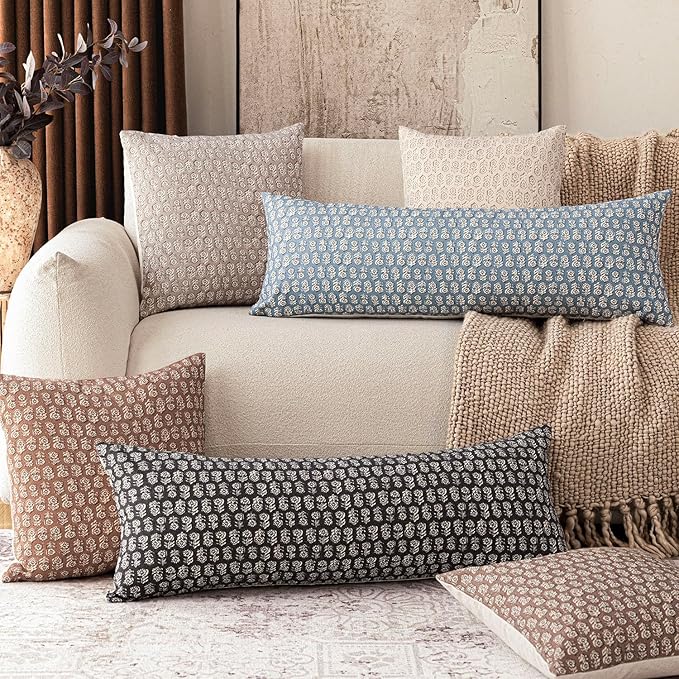 Foindtower Set of 2 Decorative Neutral Body Lumbar Throw Pillow Covers Vintage Accent Farmhouse Cushion Covers Boho Floral Home Decor for Sofa Couch Chair Bedroom Living Room,14×36 Inch,Black