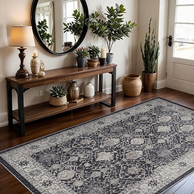 4x6 Living Room Area Rugs: Washable Non-Slip Boho Decorative Rugs for Bedroom Nursery Low Pile Neutral Small Carpet for Kitchen Dining Room Non-Shedding Floor Mat for Kids Room Office (4x6，Black)