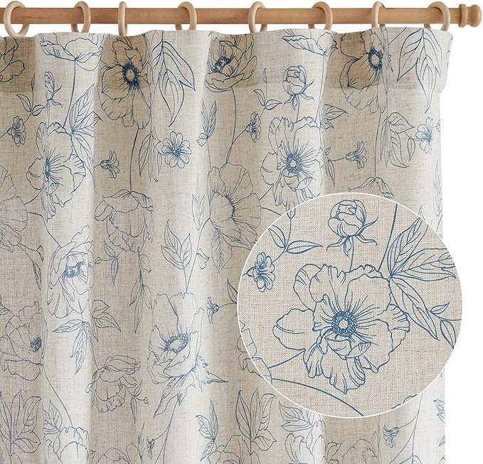 jinchan Floral Linen Curtains for Living Room 96 Inch Length Blue Flower Curtain Rod Pocket Back Tab Farmhouse Curtains with Printed Floral Bedroom Window Curtain Set, 2 Panels Blue