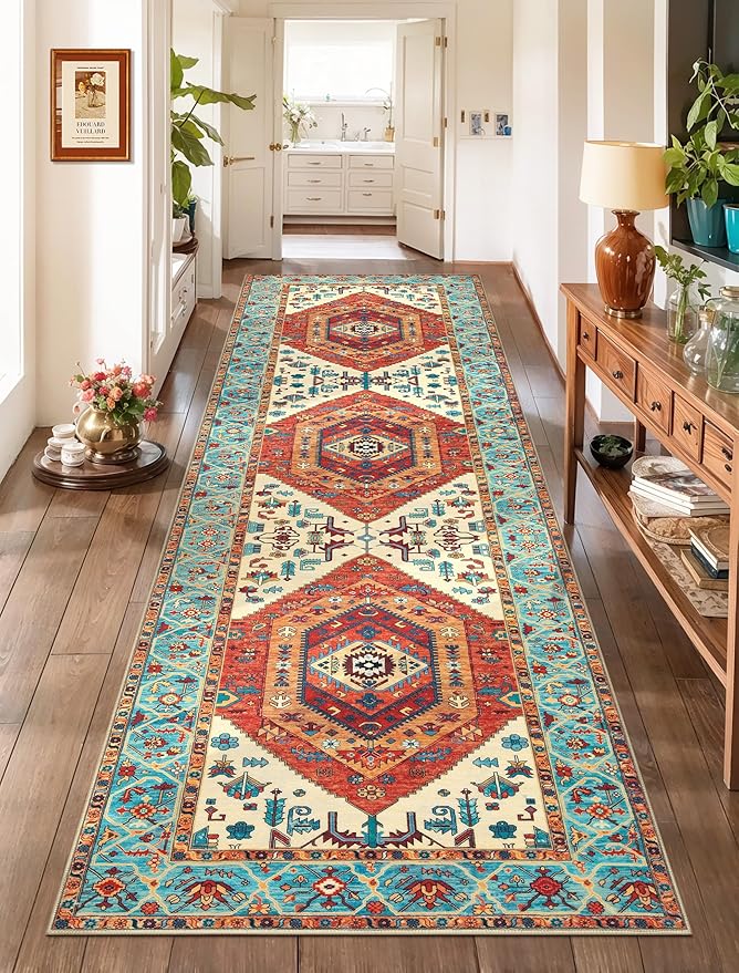 SERISSA Boho Washable Runner Rug, 2'6"x8' Rug Runner Non-Slip Vintage Orange Hallway Kitchen Runner Rug Ultra Soft Print Distressed Tribal Floor Carpet Runner for Bedroom Bathroom Laundry Room