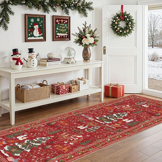 UERMEI Christmas Runner Rug for Hallway: 3x8 Neutral Modern Festive Low Pile Soft Thin Indoor Carpet for Bedroom Kitchen Mat Kids Room Holiday Decor - Red