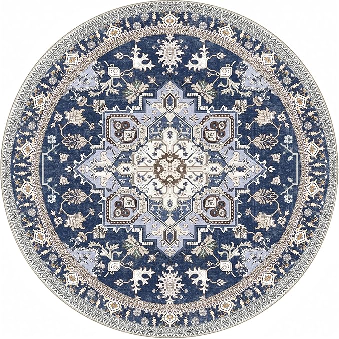 OPPODREAM Soft Round Rug 5ft, Washable Circle Rug 5ft with Non Slip Backing Play Room, Low-Pile Carpet 5 ft, Faux Cashmere Throw Carpet, Navy Blue & Gold
