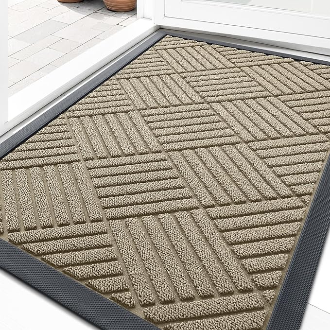 OLANLY Front Door Mat Outside Entrance 29.5x17, Absorbent, Heavy Duty Sturdy Natural Rubber Doormat Indoor Outdoor, Stain and Fade Resistant, Non-Slip Low Profile Floor Mat for Entryway, Beige Diamond