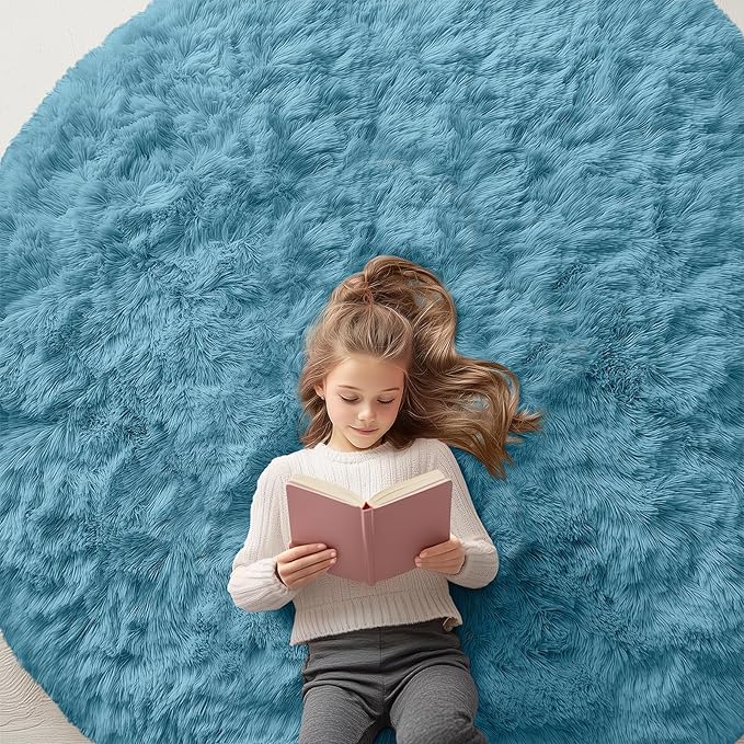 OLANLY Slate Blue Round Rugs for Bedroom - Machine Washable, 6 ft Circle Area Rugs for Living Room, Soft and Fluffy Shaggy Carpet for Teen Girl and Boys, Nursery Rooms, Dorms, Home Decor Aesthetic