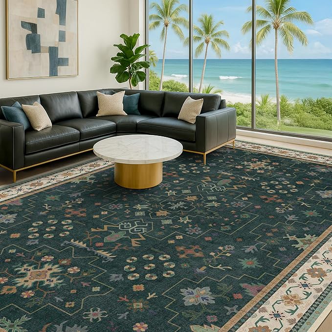 Hazo Haus Dark Green Oushak Living Room Rug 10x14 - Modern Vintage Boho Eclectic Floral Pastel, Washable Low Pile Non-Slip Extra Large Area Rugs for Dining Under Table Bedroom Lounge