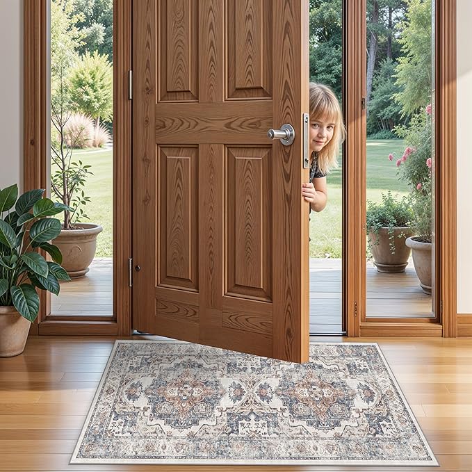 2x4 Washable Kitchen Runner Rug: Vintage Non-Slip Low Pile Entryway Area Rugs Thin Light Weight Carpet for Nursery Bedroom Soft Water Resisitant Floor Mat for Bathroom Laudry Room(2x4,Brick)