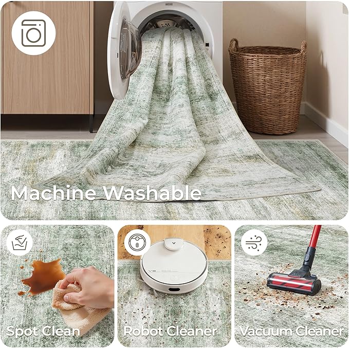 Long Rugs Runner - Washable Runner Rugs for Hallway 2x10, Ultra-Thin Soft Kitchen Carpet Runner, Anti Slip Backing Runner Rugs for Entrance, Bedroom, Living Room(2'x10', Green/Yellow/Ivory)