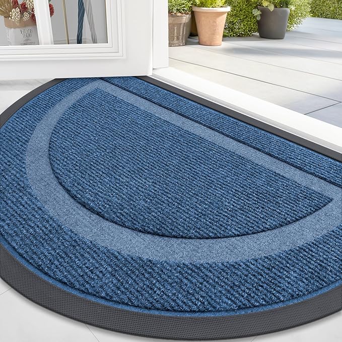 OLANLY Half Circle Door Mat Indoor Outdoor Entrance Welcome, Waterproof All-Season, All-Weather Doormat, Sturdy Natural Rubber, Low Profile, Easy Clean Patio Porch Entryway Mat, 58x23, Light Blue