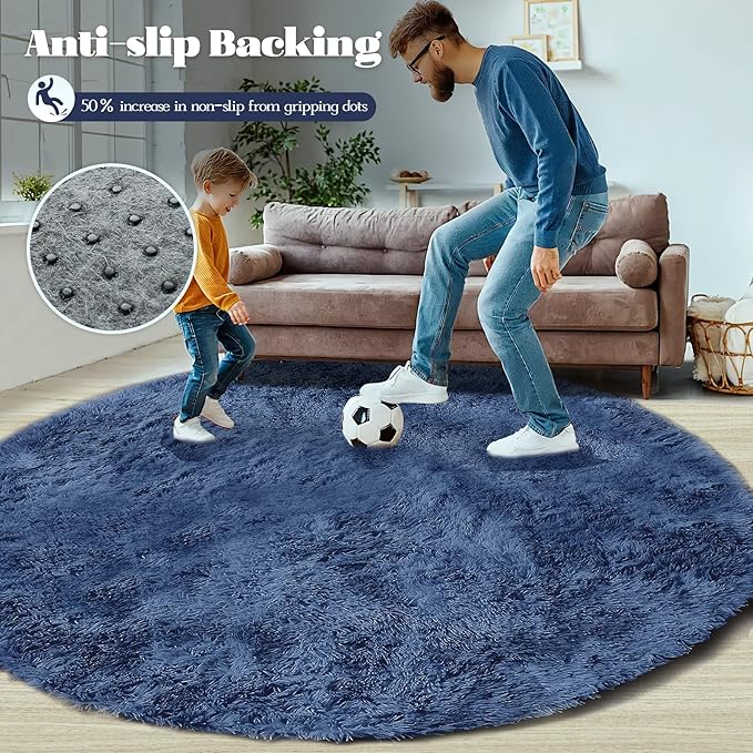 Navy Blue Round Rugs for Bedroom: 4ft Circle Fluffy Shag Soft Washable Rug Small Fuzzy Plush Indoor Carpet for Kids Girls Boys Nursery Dorm Classroom (Navy Blue, 4'x4')
