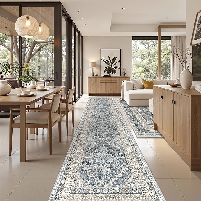 Washable Runner Rug 2.5x14, Non-Slip Long Kitchen Mats for Floor, Vintage Rug for Entryway, Soft Hallway Runner for Dining Room, Bedroom, Living Room(Blue/Beige,2.5'x14')