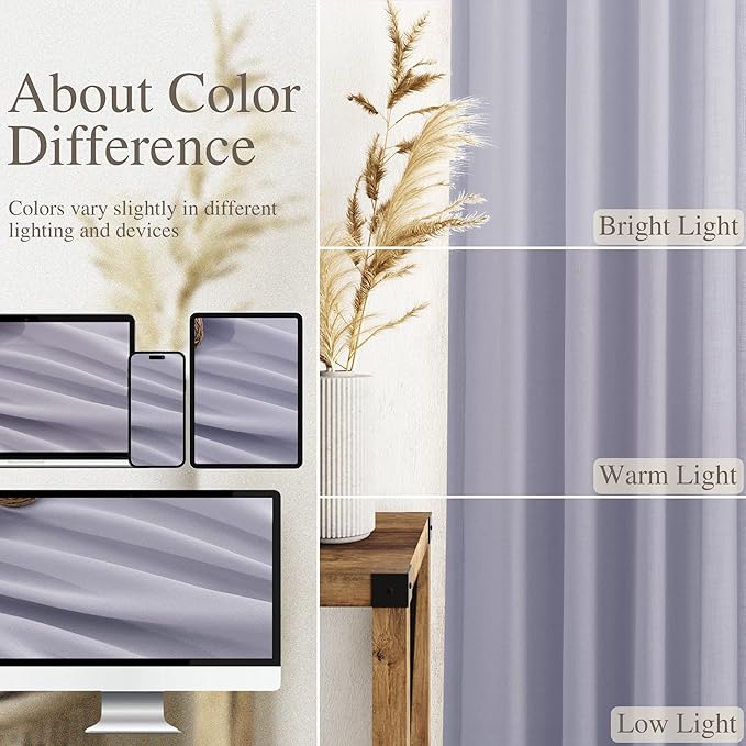 Nanspring Lavender Purple Linen Curtains 96 Inches Long for Living Room Boho Decor Light Filtering Semi Sheer Curtain Back Tab Rod Pocket Modern Luxury Drapes for Bedroom Office 52x96, 2 Panels