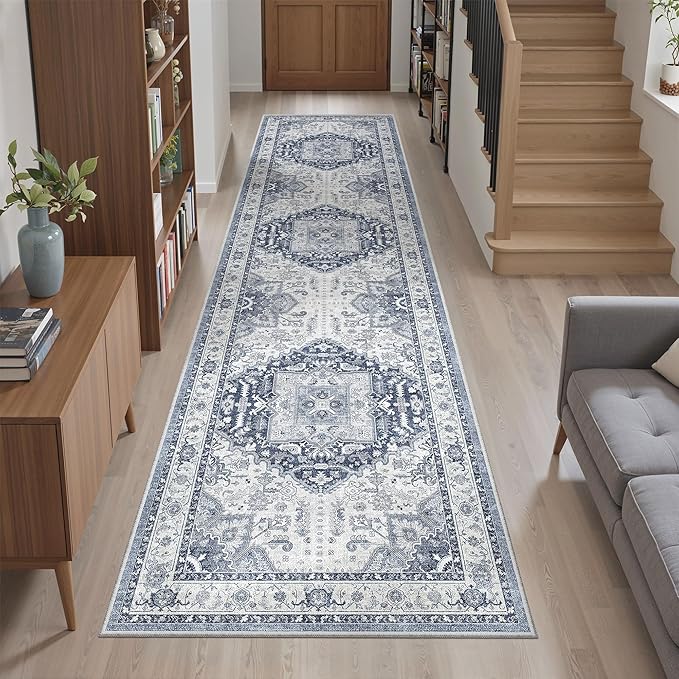Madane Washable Runner Rug - 2x8 Runners for Hallways Kitchen Non-Slip Runner Rugs Ultra-Thin Laundry Room Rug Throw Carpet Runner for Entrance Living Dinning Room Foyer (Navy/White, 2 x 8)