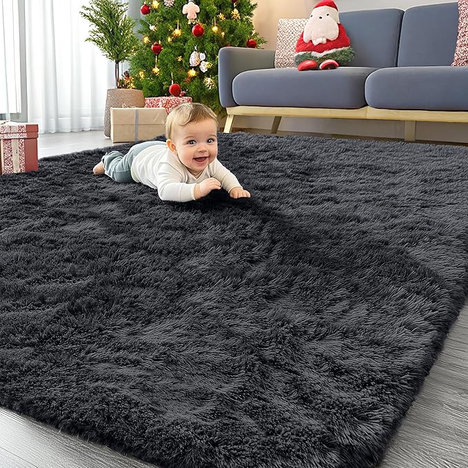 OLANLY 7x10 Machine Washable Large Area Rugs for Living Room, Bedroom, Soft Fluffy Shaggy Bedside Rug, Indoor Floor Carpet for Kids Girls and Boys, Dorms, Nursery, Home Decor Aesthetic, Black