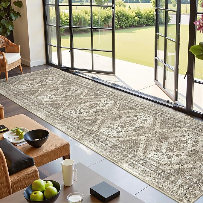 Carpet Runners for Hallway 12ft, Non-Slip Long Bathroom Rugs Runner for Kitchen, Living Room, Bedroom, Soft Vintage Washable Rug for Entryway, Thin Floor Mat for Dining Room(Brown,2.5'x12')