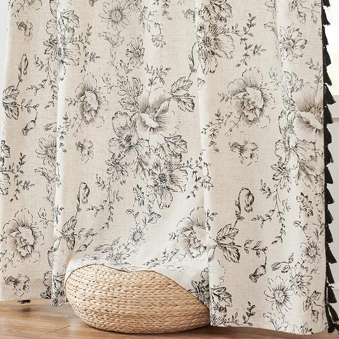 jinchan Linen Blend Curtain Floral Curtains for Living Room 63 Inch Length Printed Curtains with Tassels Rod Pocket Farmhouse Rustic Peony Flower Patterned Drapes Bedroom Window Curtains Set 2 Panels
