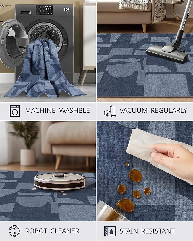 Latte&Fog 5x7 Area Rugs for Living Room Bedroom, Modern Abstract Washable Rug, Boho Non Slip Low Pile Carpet for Indoor Dining Room, Dorm, Classroom, College Dorm, Farmhouse and Kids Room - Navy Blue