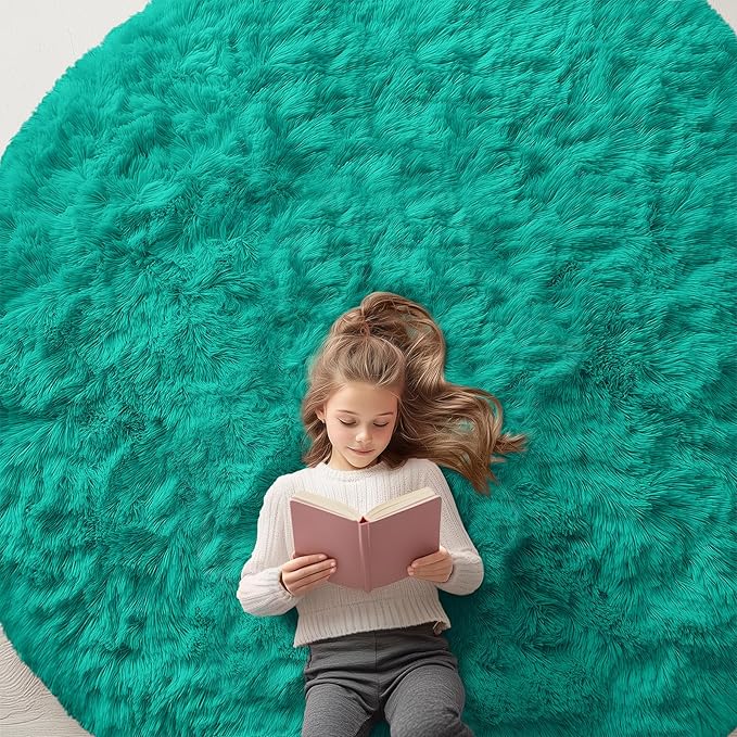 OLANLY Teal Green Round Rugs for Bedroom - Machine Washable, 7 ft Circle Area Rugs for Living Room, Soft and Fluffy Shaggy Carpet for Teen Girl and Boys, Nursery Rooms, Dorms, Home Decor Aesthetic