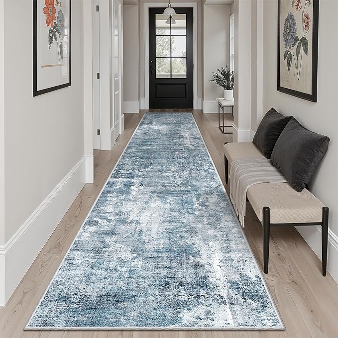 Runner Rug 2'6" x 12' Washable Non-Slip 2.5x12 ft Long Runner Rugs for Kitchen Bathroom Laundry Room Vintage Ultra Thin Runners for Hallway Entryway Blue/Grey
