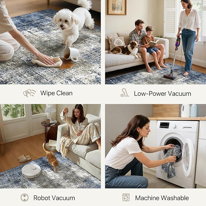 BEIMO Area Rugs 9x12 for Living Room Bedroom, Modern Abstract Machine Washable Rug, Large Soft Low Pile Floor Carpet with Non Slip Backing for Dining Room, Blue&Gray