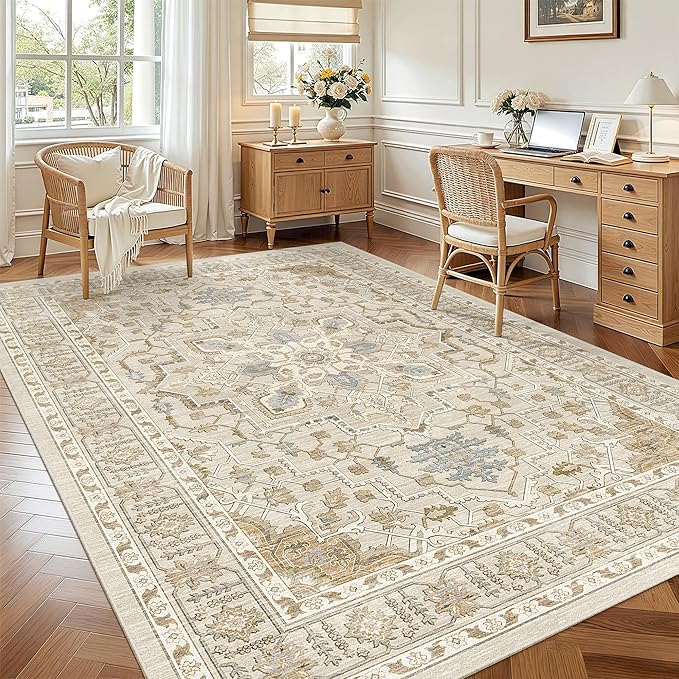 Madane 6x9 Area Rugs for Living Room, Stain Resistant Washable Rugs, Non-Slip Backing Area Rug, Vintage Home Decor Rug for Bedroom (Beige/Blue, 6'x9')