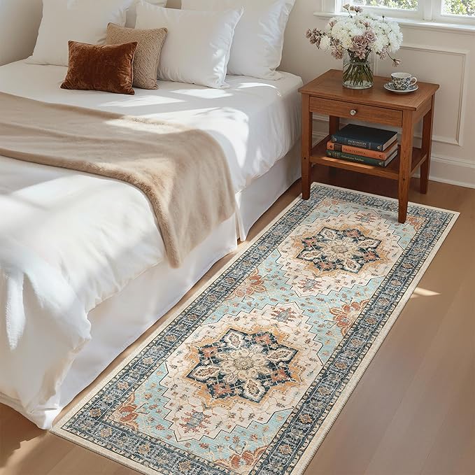 Madane Washable Runner Rug - 2x6 Rug Runners for Hallways 6 Foot Non Slip Vintage Kitchen Runner Rug Ultra-Thin Bathroom Runner Rugs Carpet Laundry Room Bedroom (2x6ft, Orange/Blue)
