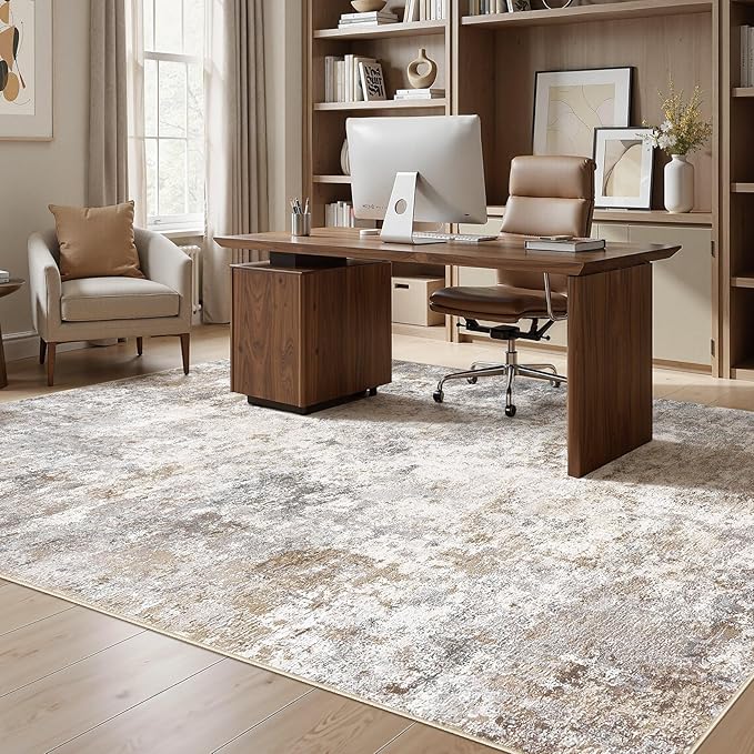 7x9 Area Rug Living Room Rugs - Washable Neutral Modern Abstract Soft Thin Large Rug Indoor Floor No Slip Rug Carpet for Bedroom Under Dining Table Home Office Decor - Brown Grey