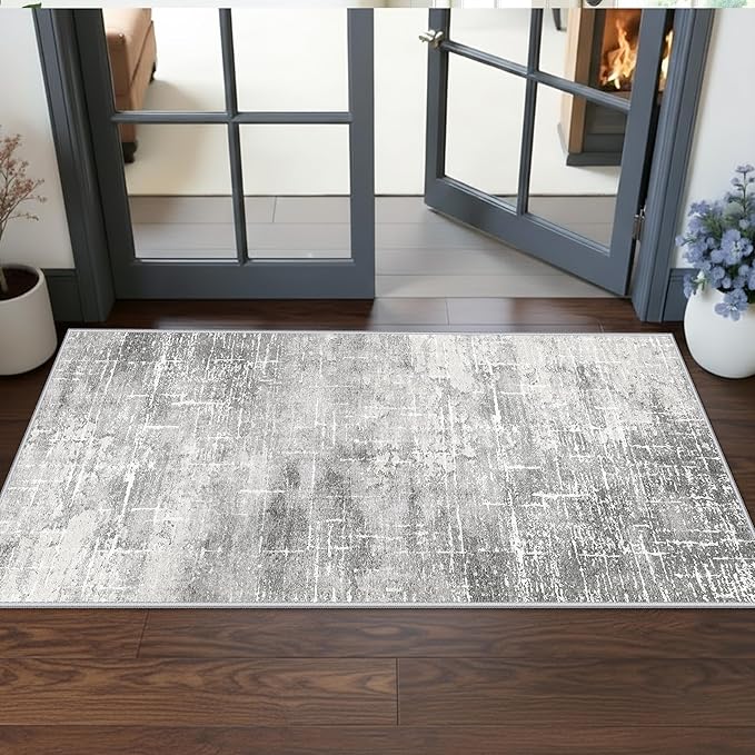 Washable 2x5 Hallway Runner Rug: Indoor Abstract Water Resistant Kitchen Entryway Rug Soft Living Room Bedroom Carpet Thin Low Pile Non Slip Floor Mat for Bathroom Laundry Room(2X5，Light/Grey)