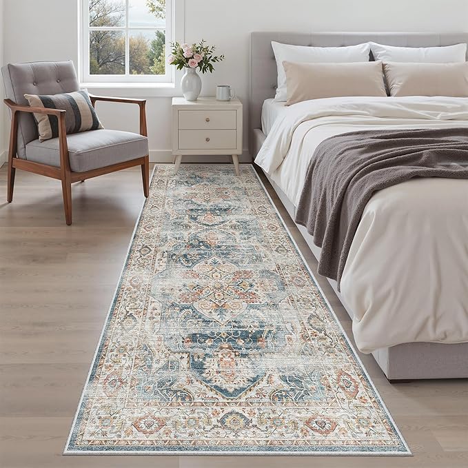 Madane Runner Rug 2'6''x8' Kitchen Runner, Hallway Runner Printed Vintage Washable Rugs Soft Non-Slip Low Pile Runners for Hallways Laundry Room Distressed Floor Carpet, Navy