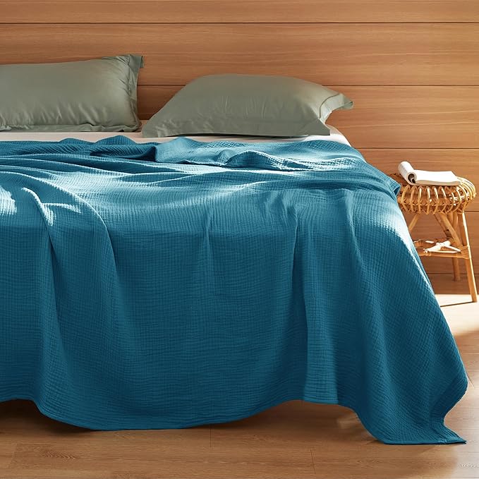 Bedsure 100% Cotton Muslin Blanket Queen Size for Bed - 4-Layer Breathable and Lightweight Thin Soft Summer Gauze Muslin Blankets for Adults, Teal, 90x90 Inches