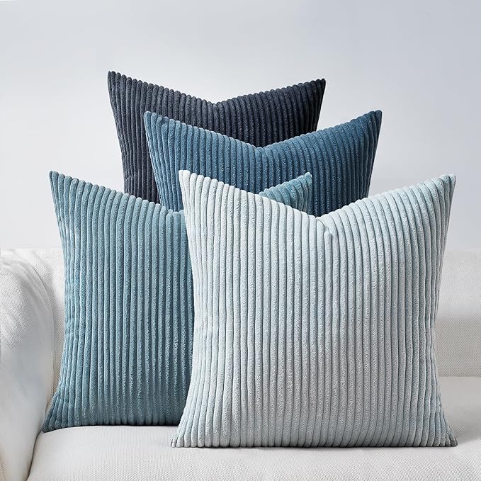 Topfinel BlueGray Decorative Throw Pillow Covers 16x16 Inch Set of 4,Soft Accent Corduroy Striped Gradient Color Small Cushion Cover for Beach,Patio,Balcony,Couch Living Room,Summer Home Decor