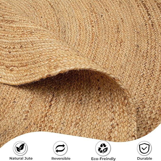 Hausattire Jute Braided Hand Woven Rug, 8 Feet Round – Natural, Boho Large Area Rugs for Bedroom, Living Room | Farmhouse Décor Kitchen Floor Rug – 8’ Round