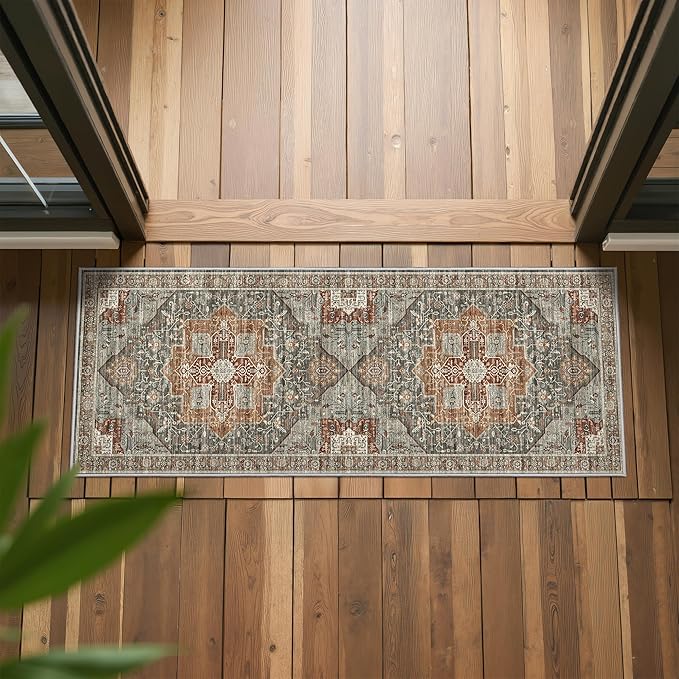 Runner Rug 2x6, Non Slip Washable Rugs for Laundry Room, Runners for Hallways, Low Pile Vintage Soft Rugs for Living Room, Kitchen Bathroom,Bedroom Rug(Grey/Brown/Tan,2'x6')