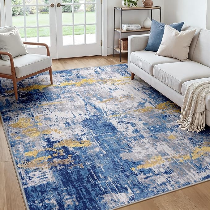 Washable Area Rugs Square 7ft Non-Slip Modern Abstract Soft for Living Room Entryway Bedroom Nursery, Print Pattern, Grey Blue Gold/Golden