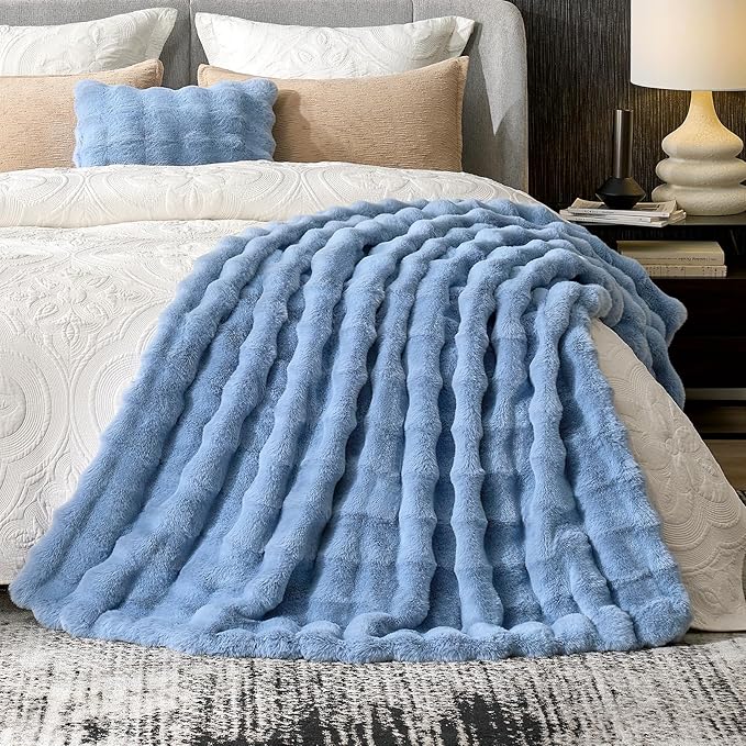 Cozy Bliss Faux Fur Bubble Throw Blanket for Couch, Fuzzy Soft Plush Thick Blanket for Sofa Bed Gift, 50x60 Inches Misty Blue
