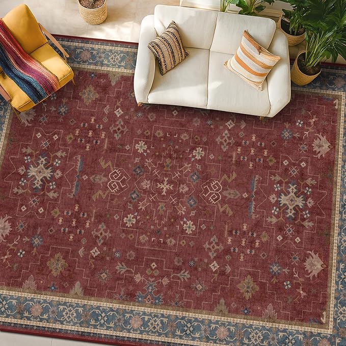 Hazo Haus Oriental 7x10 Large Area Rugs for Bedroom Under Bed - Burgundy Rug for Living Room, Dining Room Under Kitchen Table, Washable Soft Non Slip Boho Indoor Décor