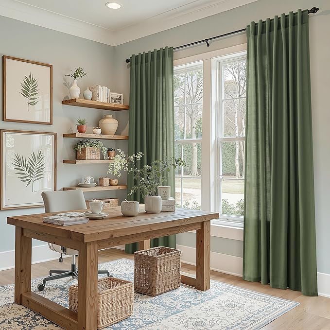 Nanspring Forest Green Linen Curtains 63 Inch Length for Living Room Light Filtering Semi Sheer Curtain Back Tab and Rod Pocket Wabi Sabi Boho Decor Luxury Drapes for Bedroom Office 52x63, 2 Panels