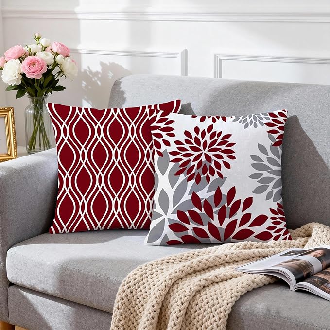 Hexagram Geometric Burgundy Pillow Covers 16x16 Set of 4, Decorative Outdoor Boho Modern Throw Pillow Covers, Home Sweet Home Farmhouse Cushion Case for Couch Sofa Bedroom Indoor Decor(No Insert)