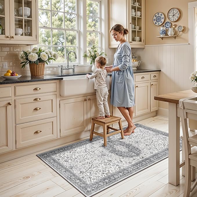 Washable 2x4 Kitchen Sink Rugs: Washable Non-Slip Hardwood Floor Mat for Stove Soft Stain Resistant Carpet Boho Home Decor for High Traffic Area Low-Pile Area Rug for Entryway Foyer(2x4,Grey)