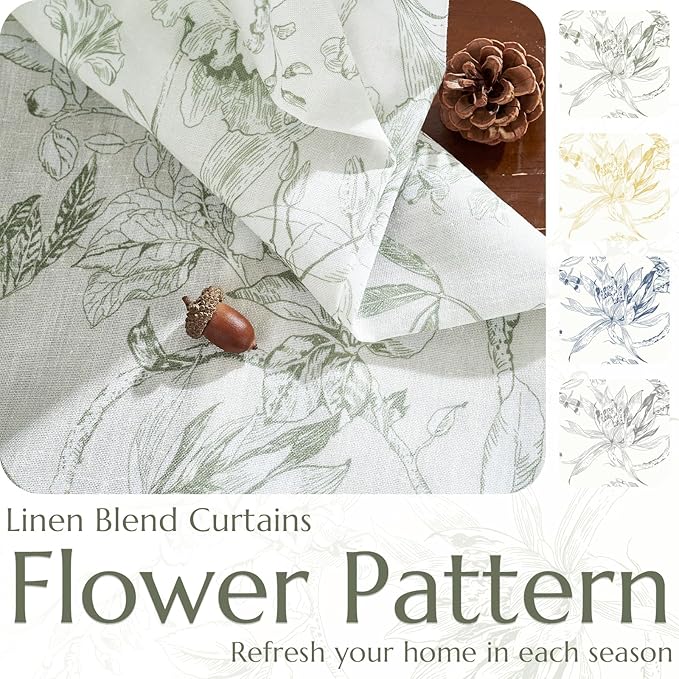 jinchan Floral Curtains 84 Inches Long Sage Green Flower Linen Farmhouse Curtain for Living Room French Country Vintage Curtain Rod Pocket Curtains Set 2 Panels Floral Printed