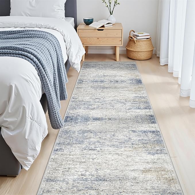 Rug Runners for Hallways Non Slip - 2x8 Runner Rug for Bedroom, Washable Runner with Rubber Backing, Soft Low-Pile Carpet for Kitchen, Laundry, Bathroom (2'x8', Blue/Brown/Ivory)
