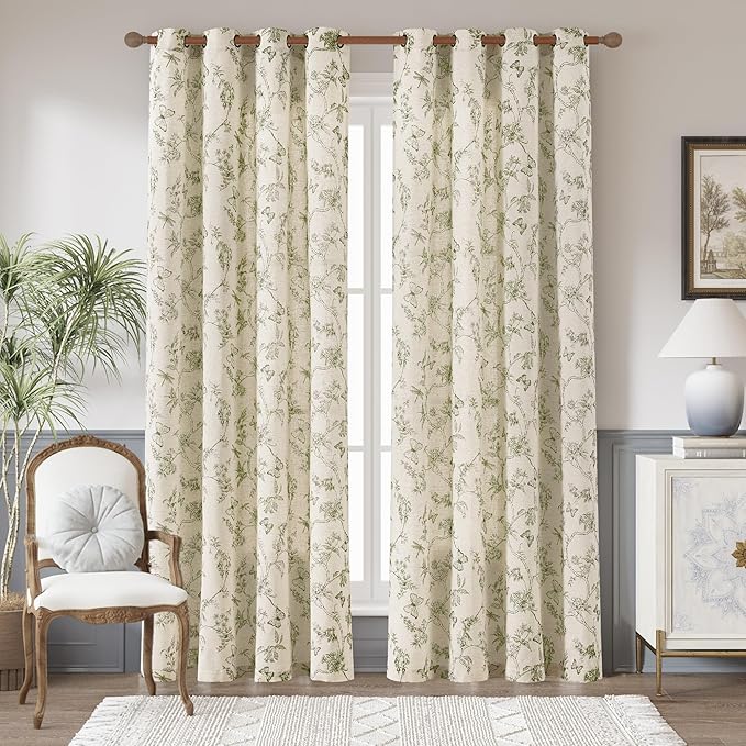 jinchan Floral Linen Curtains for Living Room 84 Inch Length Butterfly Curtain Sage Green Floral Curtains French Country Farmhouse Curtain Flower Patterned Drapes Window Treatment Set 2 Panels