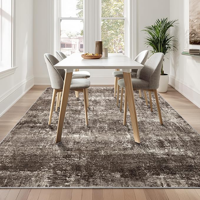 LEPEII 5x7 Area Rugs, Abstract Rugs for Living Room, Indoor Non-Slip Washable Rug for Bedroom, Dining Room, Low Pile Home Decor Neutral Area Rug-Brown/Multi