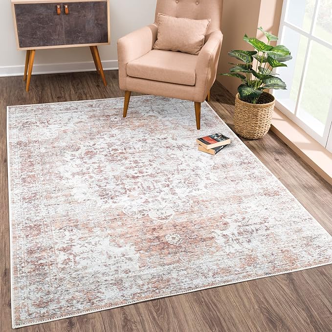 Area Rug 5x7 Machine Washable Polyester in Ivory and Blush