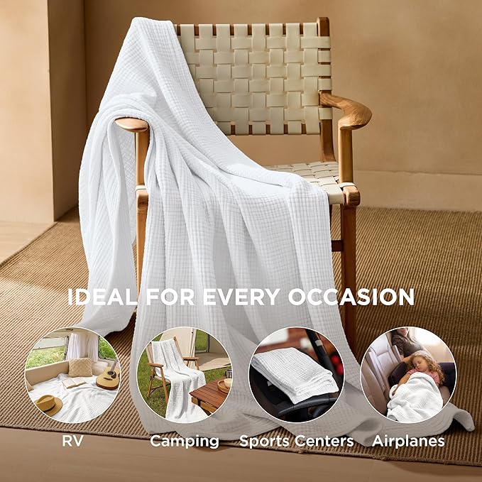 Bedsure 100% Cotton Muslin Throw Blanket Large 50x70 Inches - 4-Layer Breathable and Lightweight Thin Soft Summer Gauze Muslin Blankets for Adults, White, Boho Cotton Throw for Couch