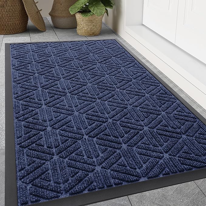 Smiry Front Door Mat Outside Entrance, Heavy Duty Sturdy Natural Rubber Doormat, Trap Dirt and Moisture, Easy Clean Low Profile Mats for Indoor Outdoor Entry, Grid Geometric (59x34, Navy Blue)