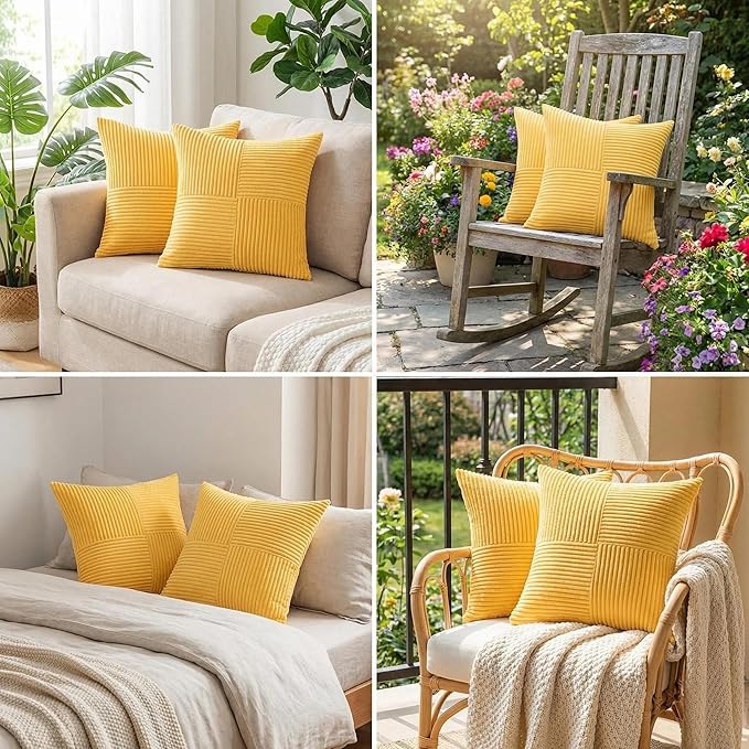 Fancy Homi 2 Packs Yellow Euro Decorative Throw Pillow Covers 26x26 Inch for Couch Bed Sofa, Rustic Farmhouse Boho Home Decor, Soft Corss Corduroy Patchwork Textured Square Cushion Case 66x66 cm