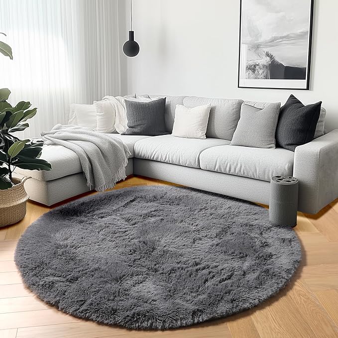 ONASAR Grey Round Area Rugs 6ft, Fluffy Gray Soft Bedroom Circle Rug for Kids Girls Boys Teen Room, Fuzzy Plush Shaggy Floor Carpet Mats for Dorm Nursery Living Room Playroom Home Office Decor
