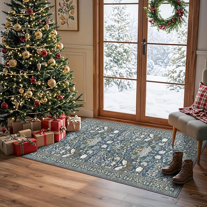 Washable 2x4 Entryway Area Rugs: Anti-Slip Thin Kitchen Carpet Indoor Light-Weight Doormat Ultra Soft Low Pile Nursery Room Rug Vintage Small Floor Mat for Hardwood Bedroom (2x4,Floral/Blue)