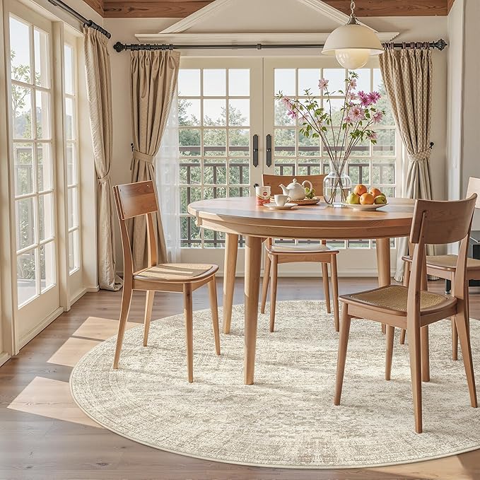 5x5 Beige Round Rug 5ft Living Room Circle Rug Vintage Round Area Rug Non Slip Indoor Carpet for Entryway Dining Room Bedroom